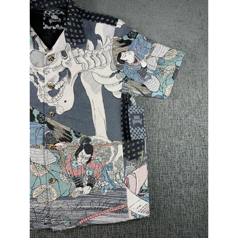 Rebel Vengeance Mens Samurai Skull Tapestry Shirt Short Sleeve Graphic Large